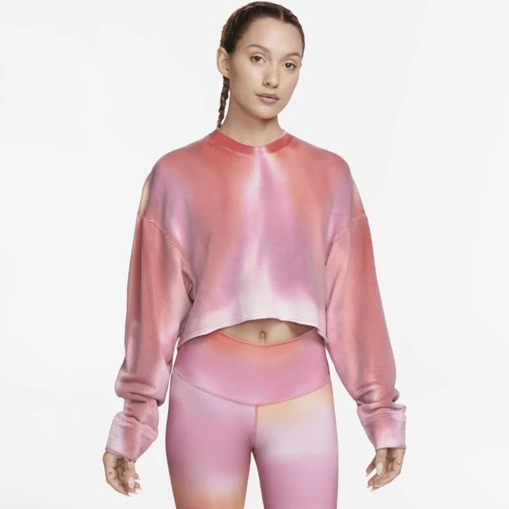 Nike Yoga Luxe Fleece Crop Sweater in Pink Tye-dye Size Medium